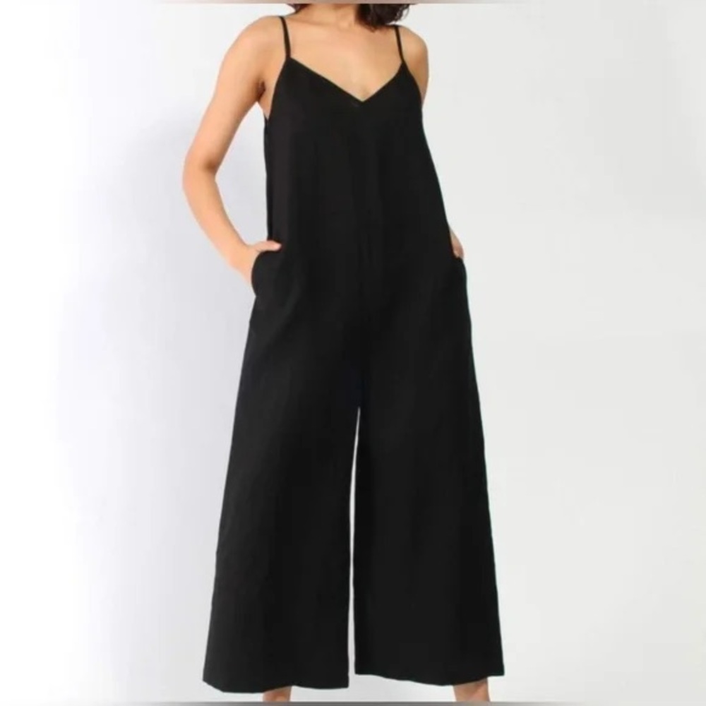 Ali Golden Relaxed V-Neck 100% raw silk Wide Leg Romper/Overall, black